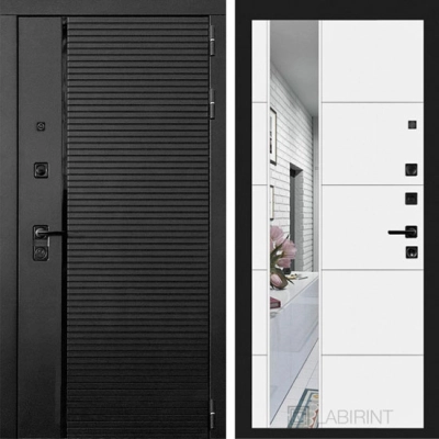 Дверь входная металлическая Лабиринт Piano Black 19 с Зеркалом Белый Софт