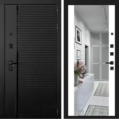 Дверь входная металлическая Лабиринт Piano Black с Зеркалом Белый Софт